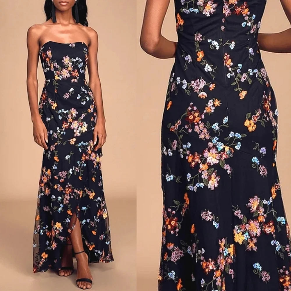 Lulus Wow and Forever Black Floral Sequin Strapless Maxi Dress S